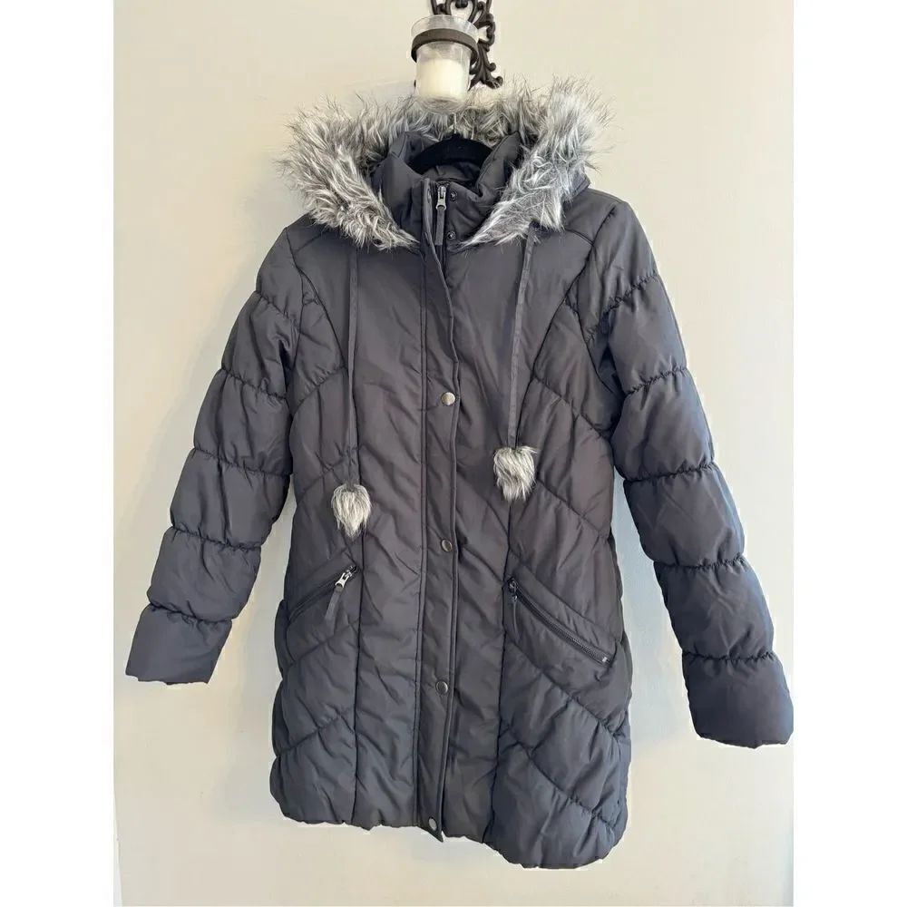 American Rag Woman's L Jacket Parka Removable Fur Trimmed Hood Gray Puffer